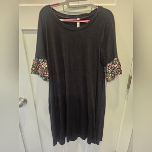 Celeste Black Knit Dress Women’s XL – Floral Ruffle Sleeve Soft Stretch Casual